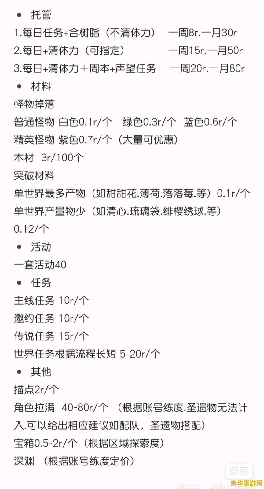 原神代肝价目表 原神代肝服务价目表及游戏内容深度解析